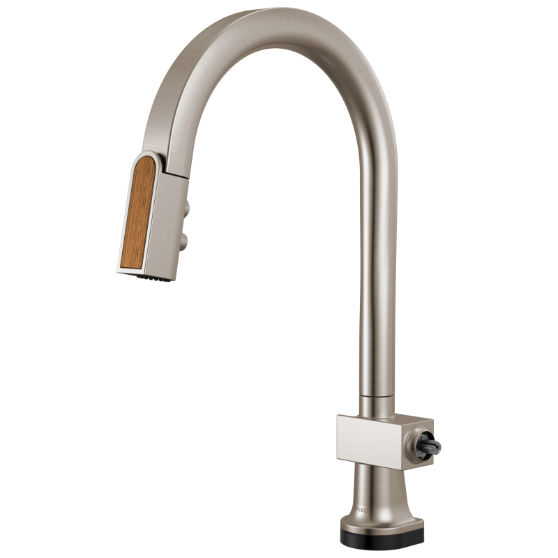 BRIZO Frank Lloyd Wright SmartTouch Pull-Down Kitchen Faucet with Arc Spout and Wood Wand - Less Handle — Stainless / Wood