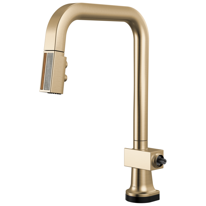 BRIZO Frank Lloyd Wright SmartTouch Pull-Down Kitchen Faucet with Square Spout and Wood/Concrete Wand - Less Handle — Luxe Gold / Wood