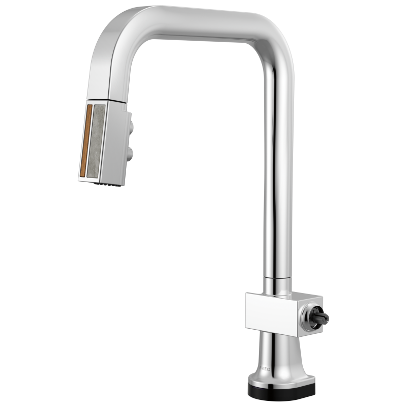 BRIZO Frank Lloyd Wright SmartTouch Pull-Down Kitchen Faucet with Square Spout and Wood/Concrete Wand - Less Handle — Polished Chrome / Teak Wood