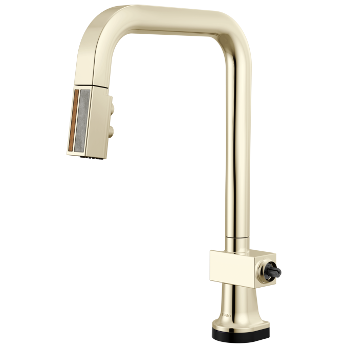BRIZO Frank Lloyd Wright SmartTouch Pull-Down Kitchen Faucet with Square Spout and Wood/Concrete Wand - Less Handle — Polished Nickel / Wood