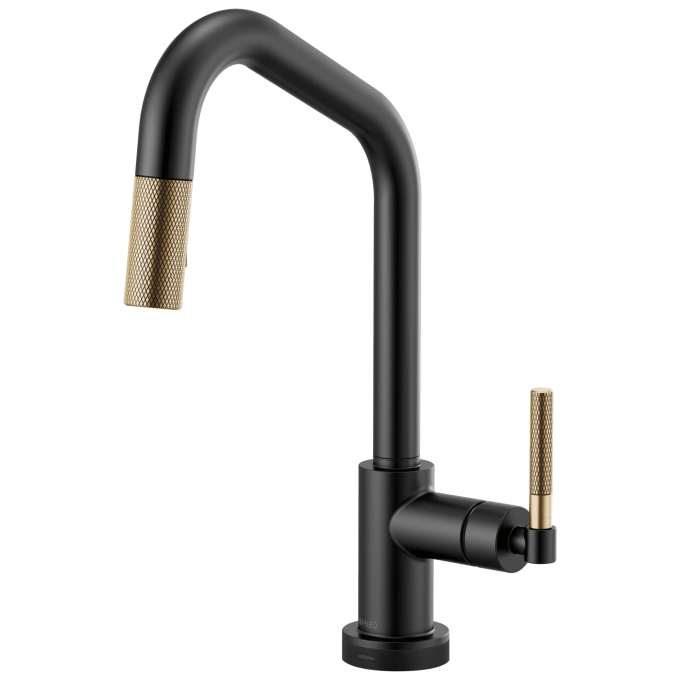 BRIZO Litze SmartTouch Pull-Down Kitchen Faucet with Angled Spout and Knurled Handle — Matte Black/Luxe Gold