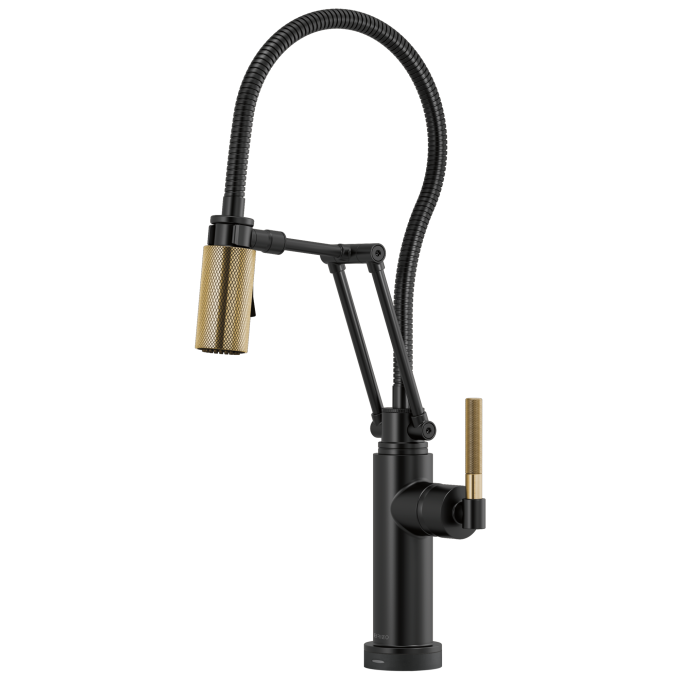 BRIZO Litze SmartTouch Articulating Kitchen Faucet With Finished Hose — Matte Black/Luxe Gold
