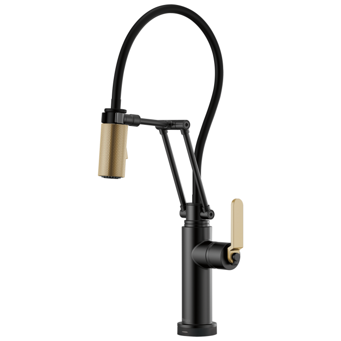 BRIZO Litze SmartTouch Articulating Kitchen Faucet with Industrial Handle — Matte Black/Luxe Gold