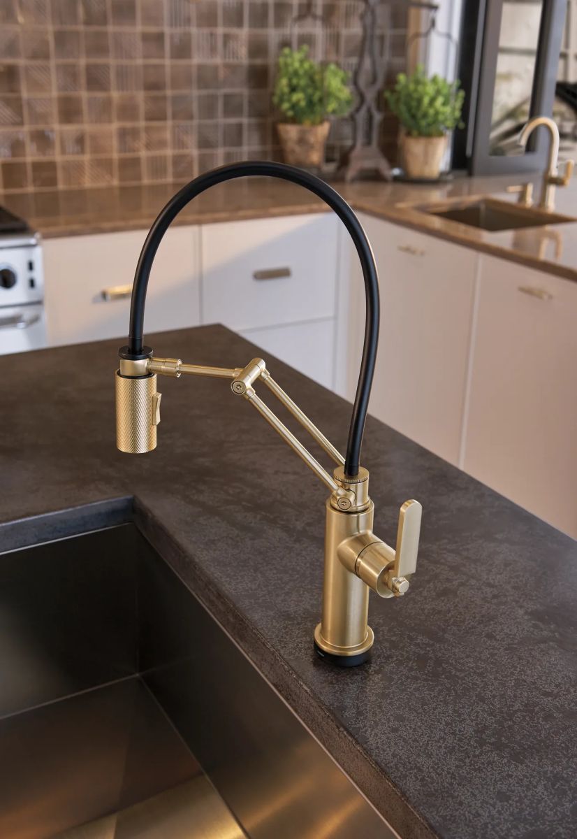BRIZO Litze Bar Faucet with Arc Spout and Industrial Handle Kit — Luxe Gold