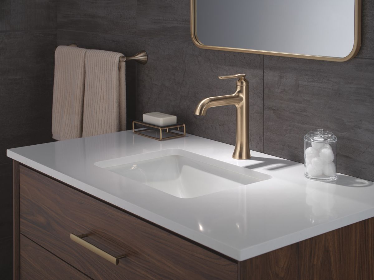 DELTA Bonacci Single Handle Mid-Height Bathroom Faucet — Lumicoat® Champagne Bronze