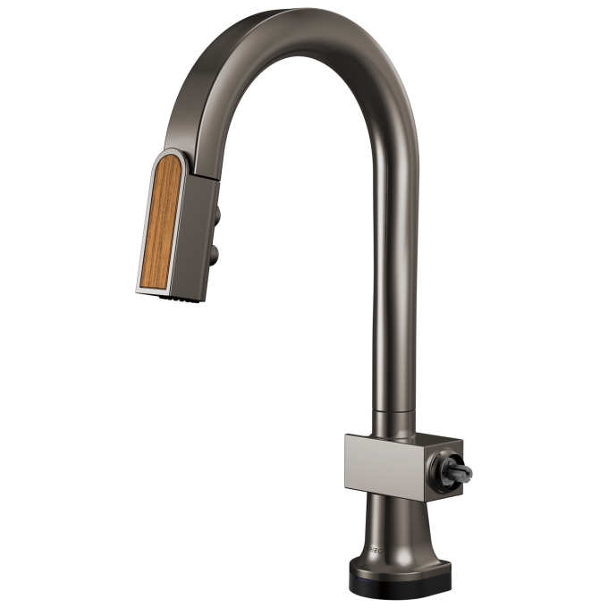 BRIZO Frank Lloyd Wright SmartTouch Pull-Down Prep Faucet with Arc Spout and Wood Spout - Less Handle — Brilliance Black Onyx / Wood