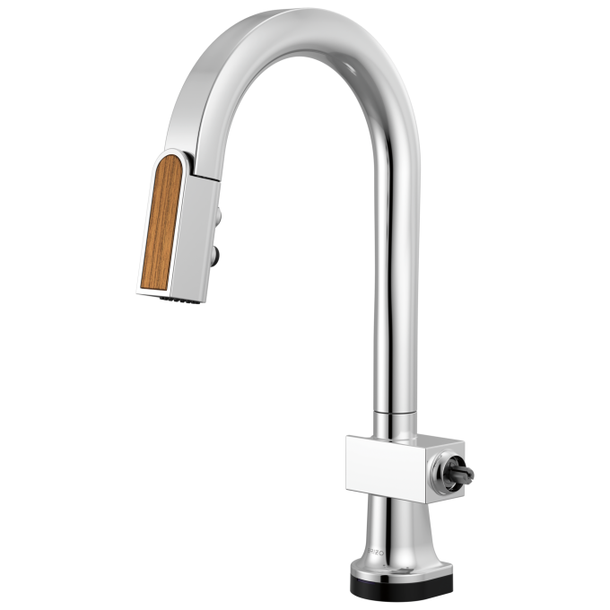 BRIZO Frank Lloyd Wright SmartTouch Pull-Down Prep Faucet with Arc Spout and Wood Spout - Less Handle — Polished Chrome / Teak Wood