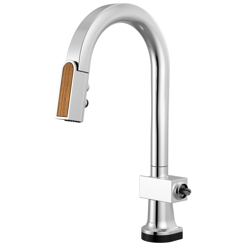 BRIZO Frank Lloyd Wright SmartTouch Pull-Down Prep Faucet with Arc Spout and Wood Spout - Less Handle — Polished Chrome / Teak Wood
