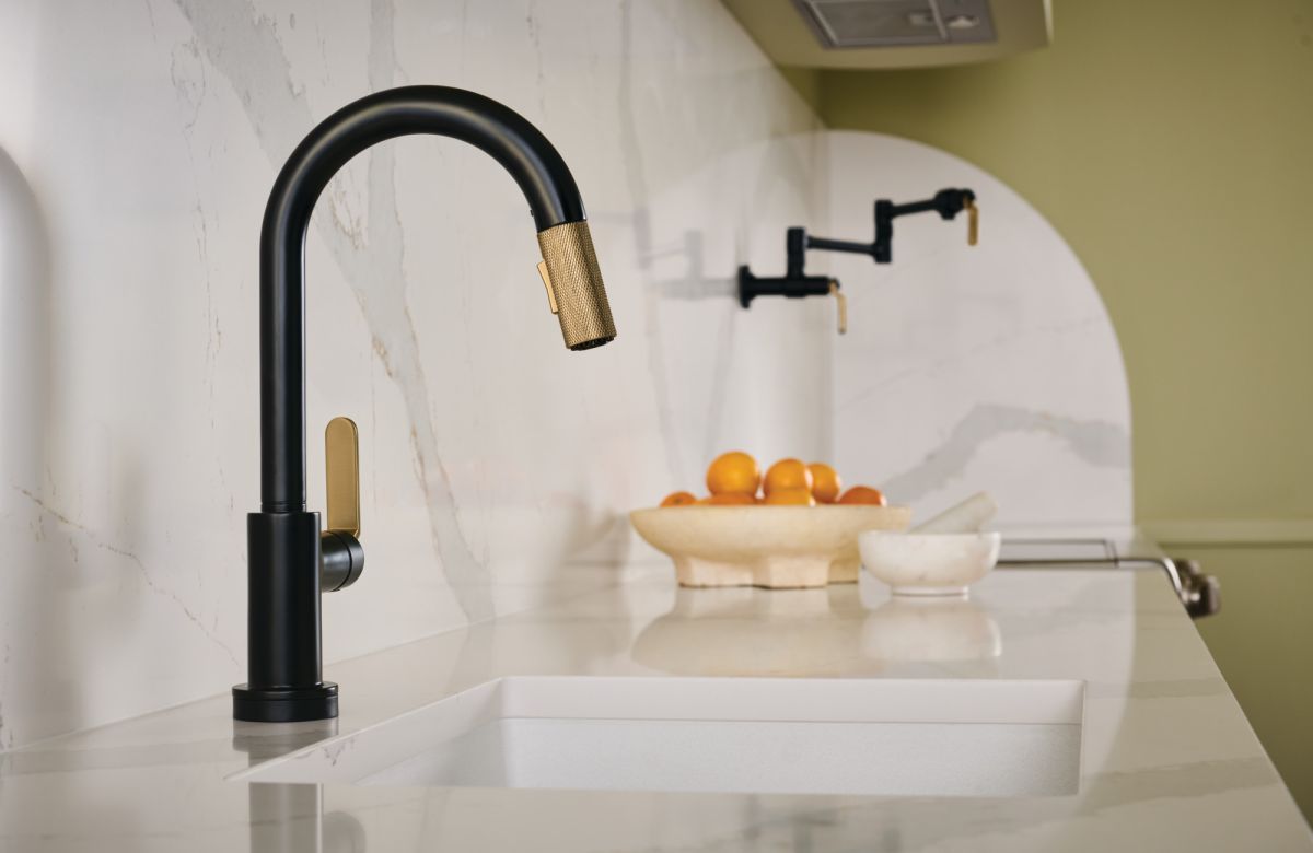 BRIZO Litze Smarttouch Pull-Down Prep Faucet with Arc Spout - Industrial Handle — Matte Black/Luxe Gold