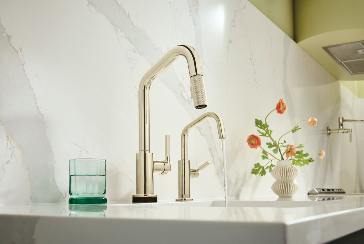 BRIZO Litze Beverage Faucet with Angled Spout and Knurled Handle — Polished Nickel