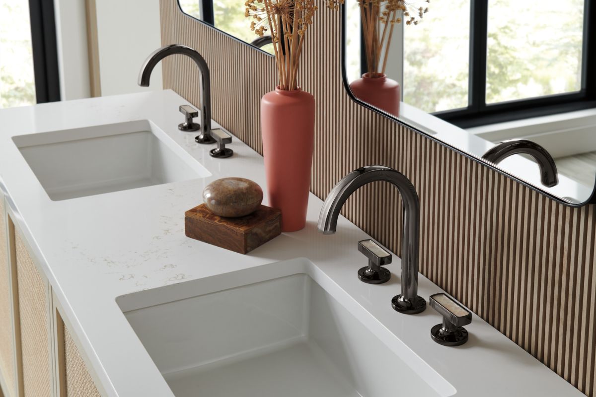 BRIZO Kintsu Widespread Lavatory Faucet with Arc Spout - Less Handles 1.5 GPM — Brilliance Black Onyx