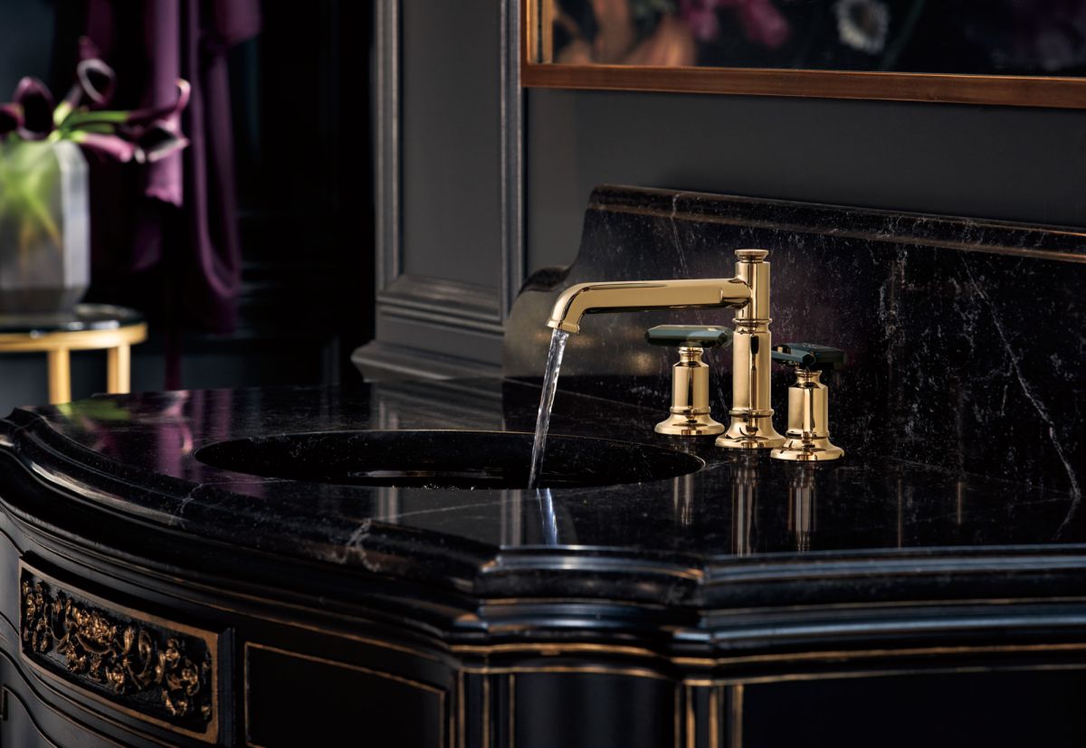 BRIZO Invari Widespread Lavatory Black Crytal Knob Handle Kit — Polished Gold / Black Crystal