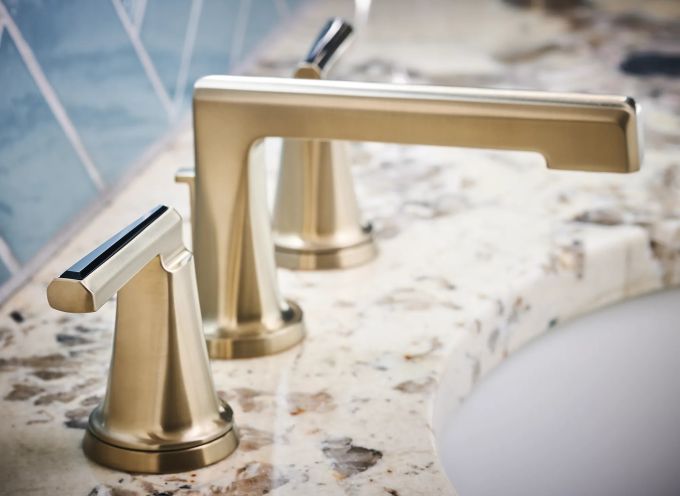 BRIZO Levoir Widespread Lavatory Faucet with Low Spout - Less Handles 1.5 GPM — Luxe Gold