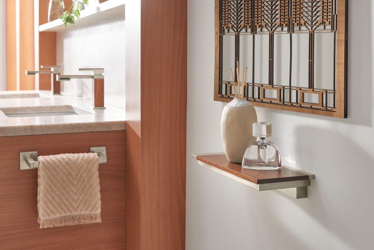 BRIZO Frank Lloyd Wright Wall Shelf — Luxe Nickel / Teak Wood