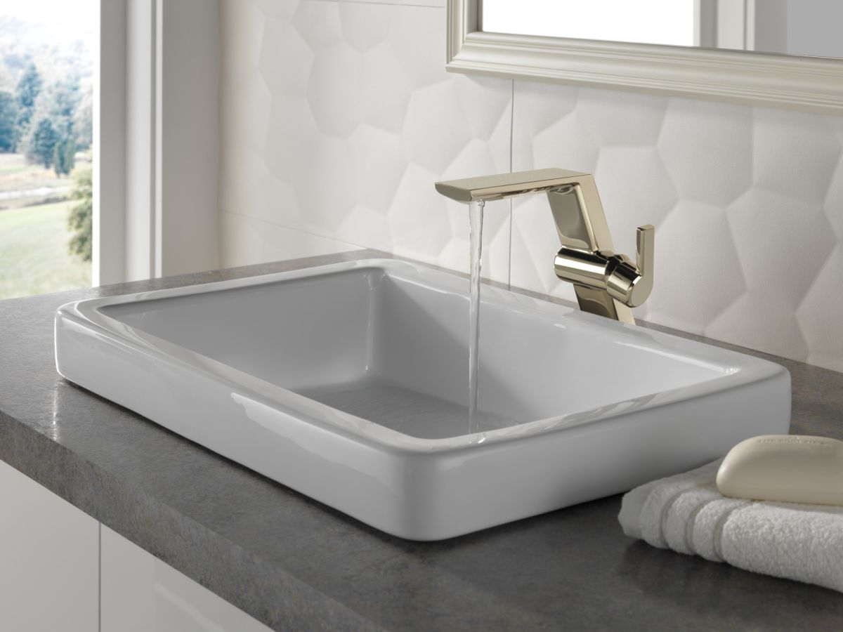 DELTA Pivotal Single Handle Mid-Height Vessel Bathroom Faucet — Lumicoat® Polished Nickel