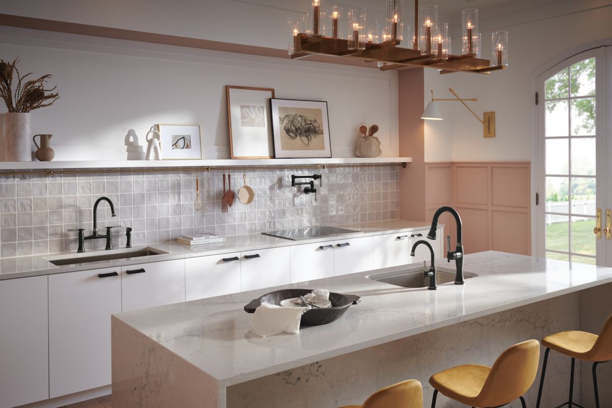 BRIZO Tulham Bridge Kitchen Faucet with Side Sprayer — Matte Black / Brilliance Black Onyx