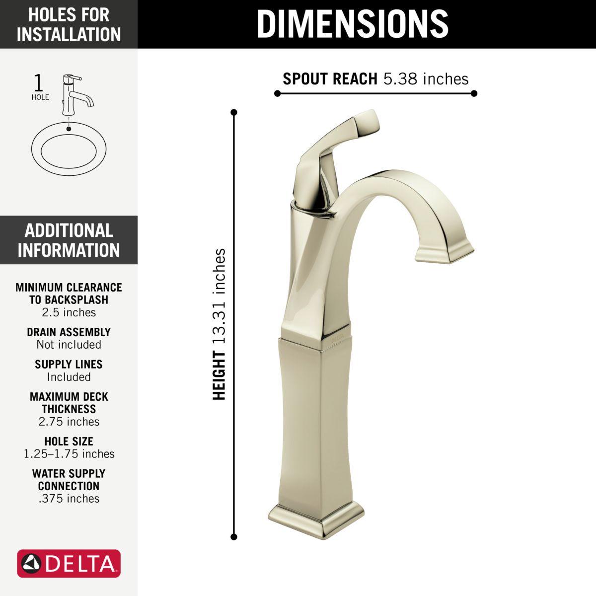 DELTA Dryden Single Handle Vessel Bathroom Faucet — Polished Nickel