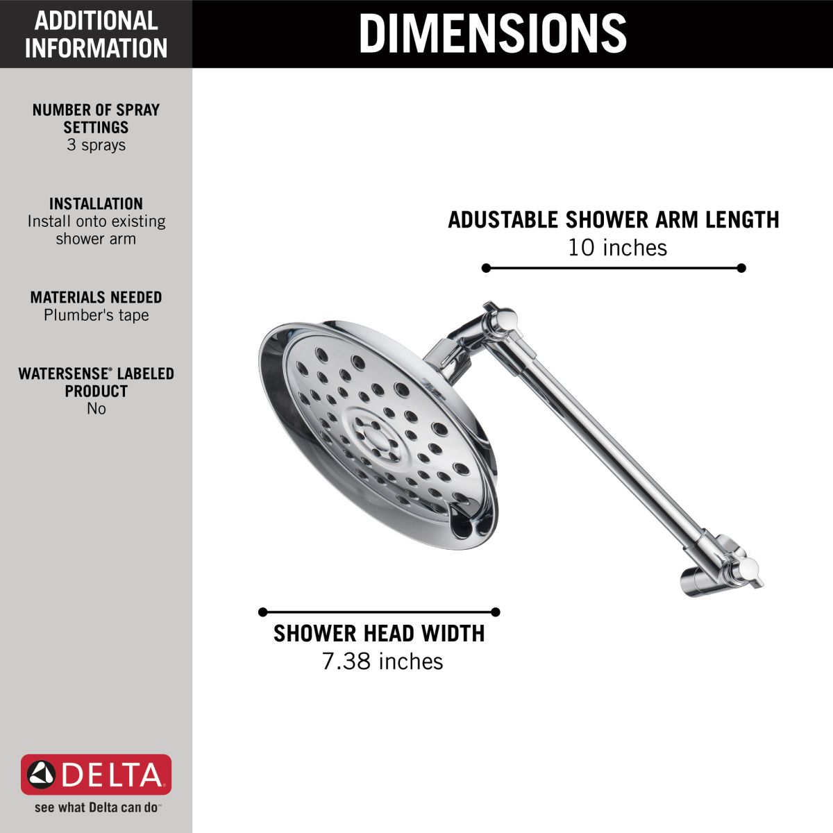 DELTA Universal Showering Components Shower Head with Adjustable Arm — Chrome