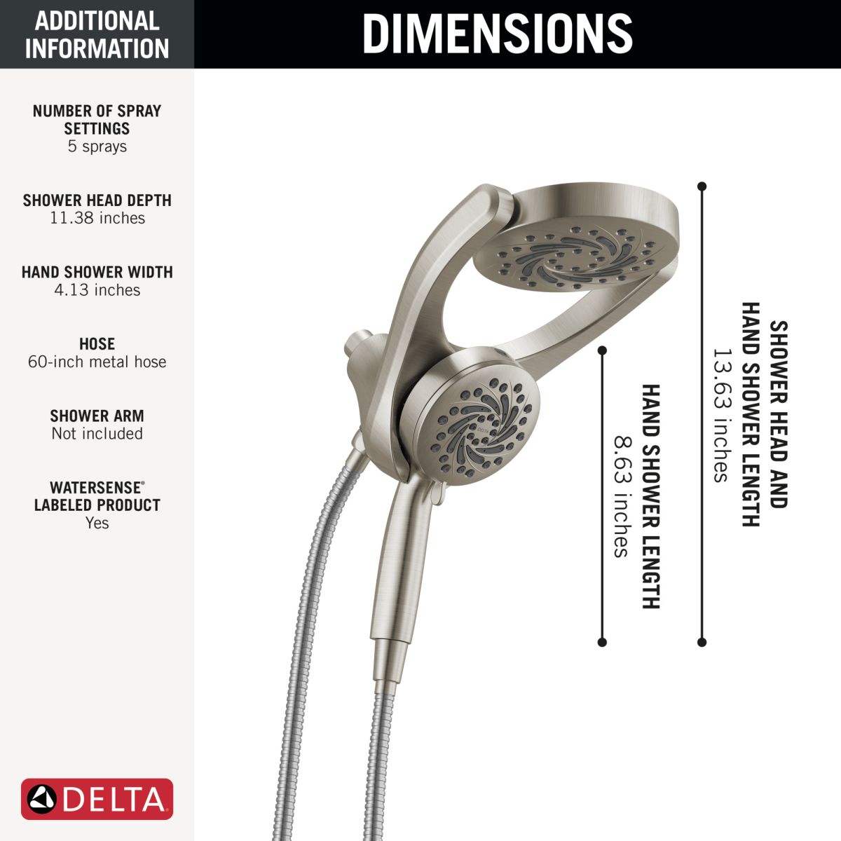 DELTA Universal Showering Components 5-Setting HydroRain with ProClean — Spotshield Brushed Nickel