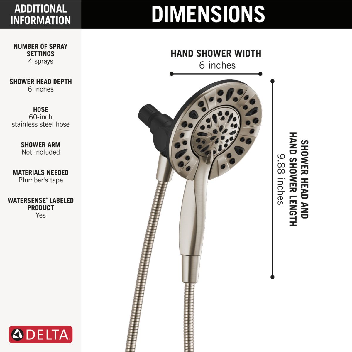 DELTA Universal Showering Components In2ition 4-Setting Two-in-One Shower — Satin Nickel