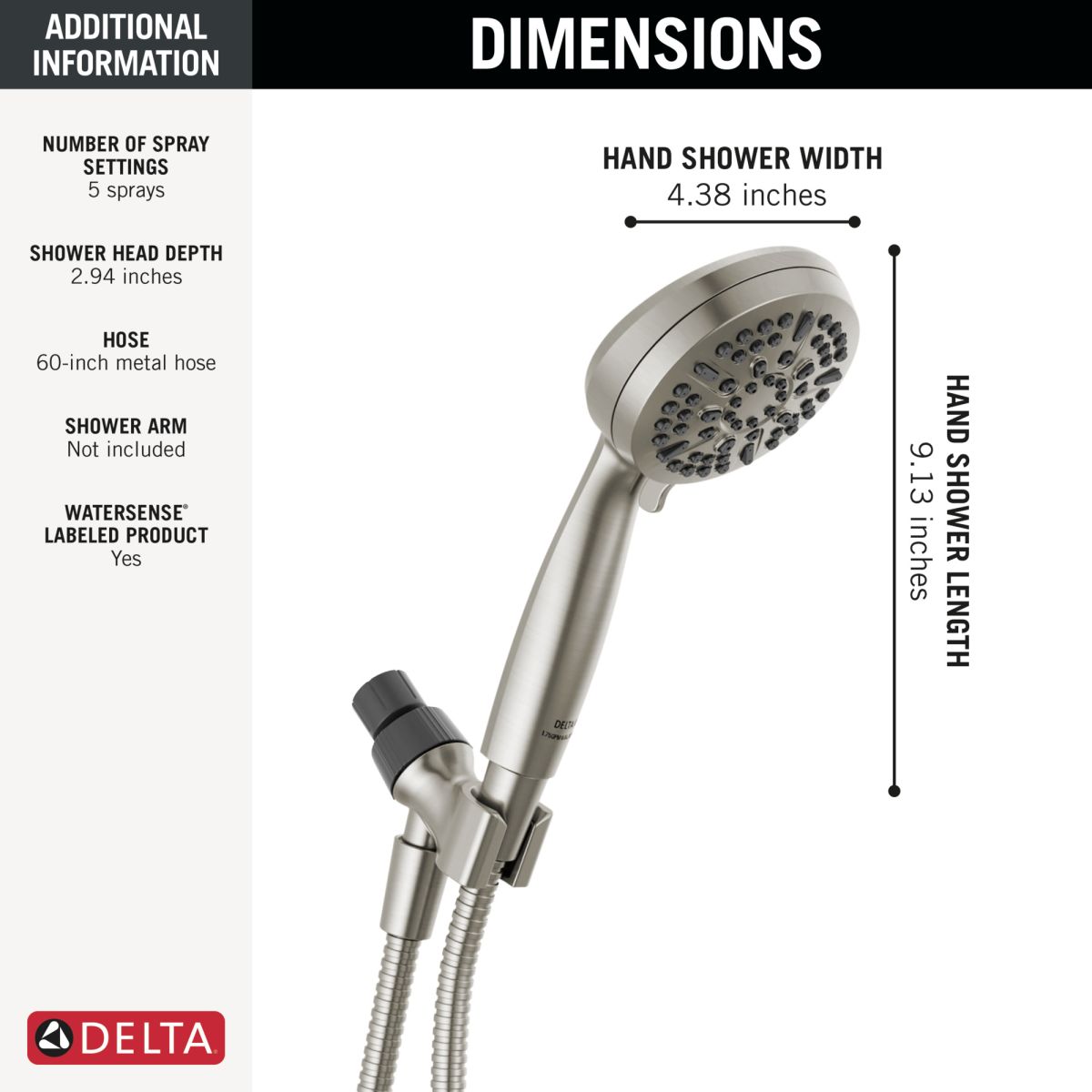 DELTA Universal Showering Components 5 Setting Hand Shower — Spotshield Brushed Nickel