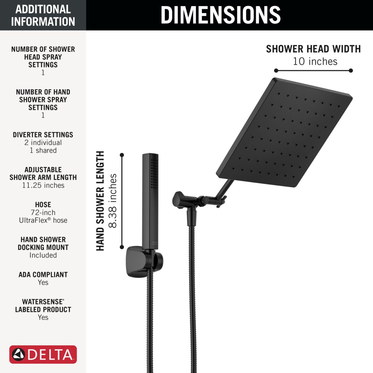 DELTA Universal Showering Components 10 inch Raincan Shower Head & Hand Held Combo with Adjustable Extension Arm — Matte Black