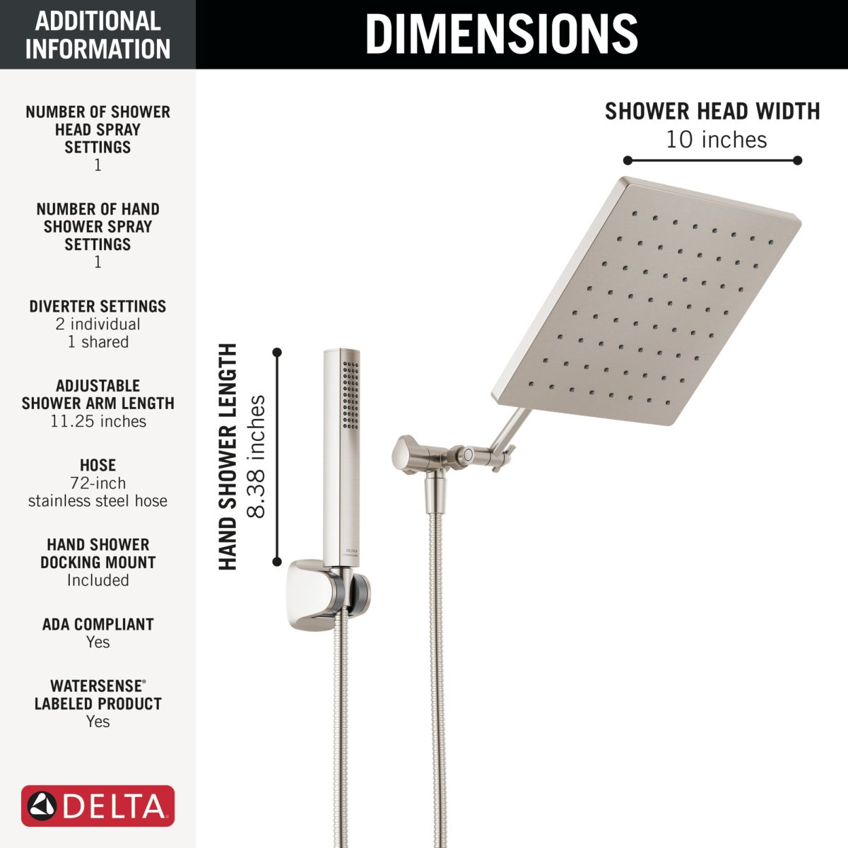DELTA Universal Showering Components 10 inch Raincan Shower Head & Hand Held Combo with Adjustable Extension Arm — Spotshield Brushed Nickel
