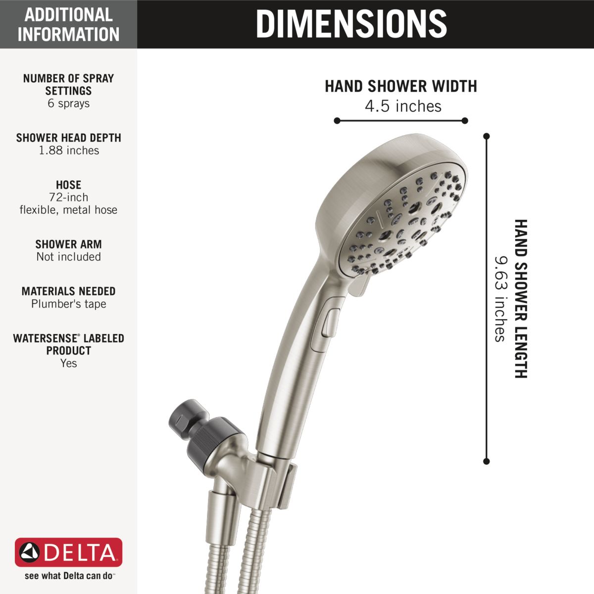 DELTA Universal Showering Components H2Okinetic 6-Setting Hand Shower — Satin Nickel