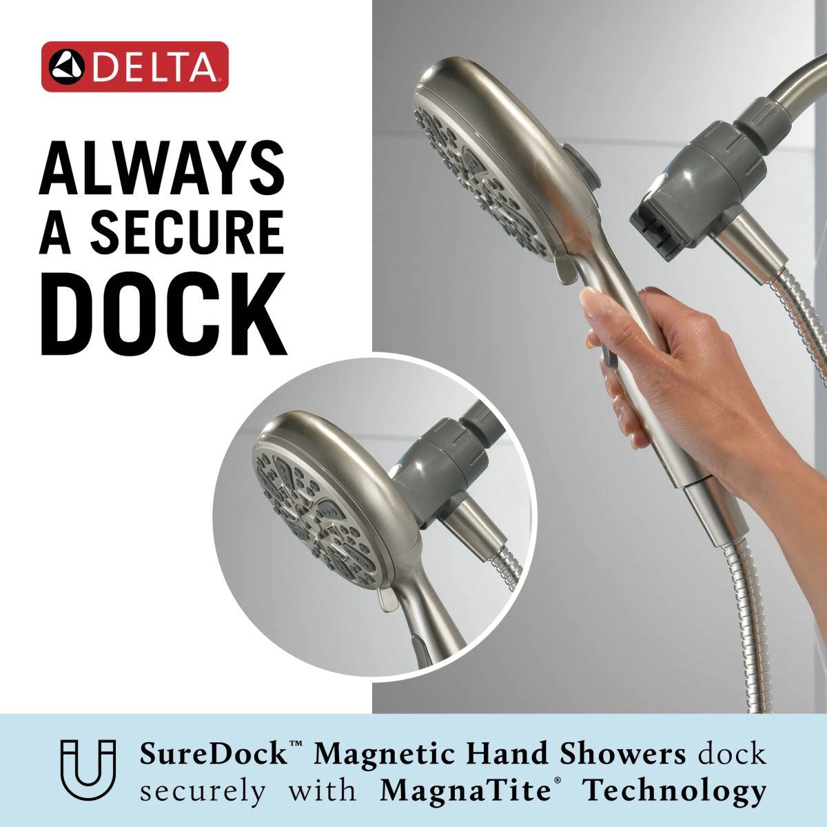 DELTA Universal Showering Components 6-Setting SureDock Magnetic Hand Shower — Satin Nickel