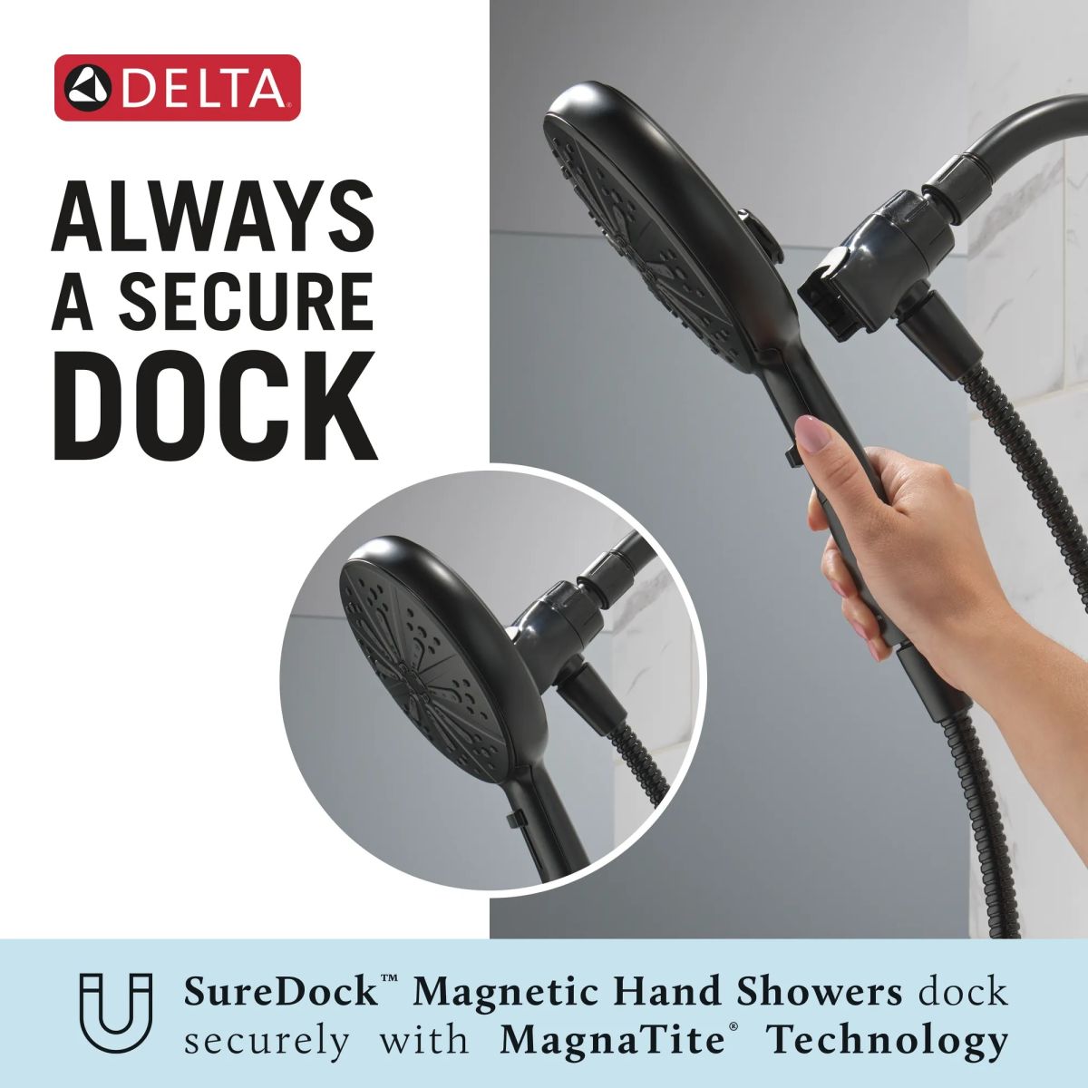 DELTA Universal Showering Components 6-Setting SureDock Magnetic Hand Shower — Matte Black