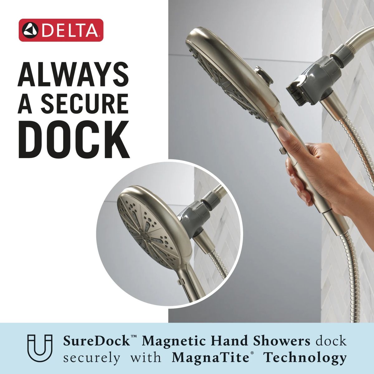DELTA Universal Showering Components 6-Setting SureDock Magnetic Hand Shower — Spotshield Brushed Nickel