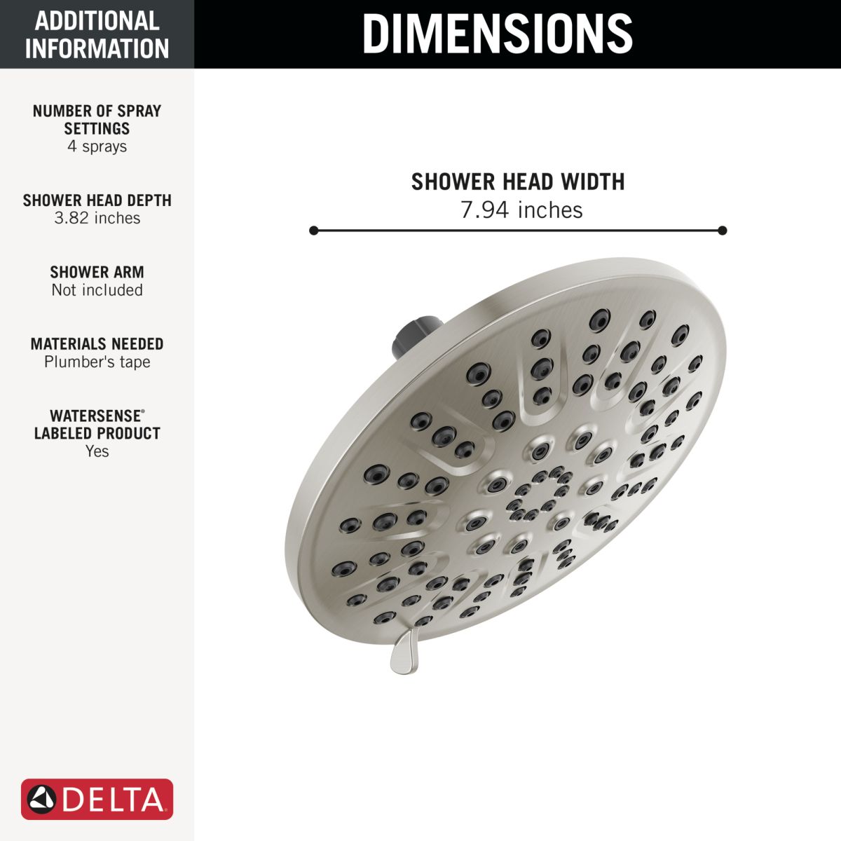 DELTA Universal Showering Components 4 Setting Shower Head — Spotshield Brushed Nickel