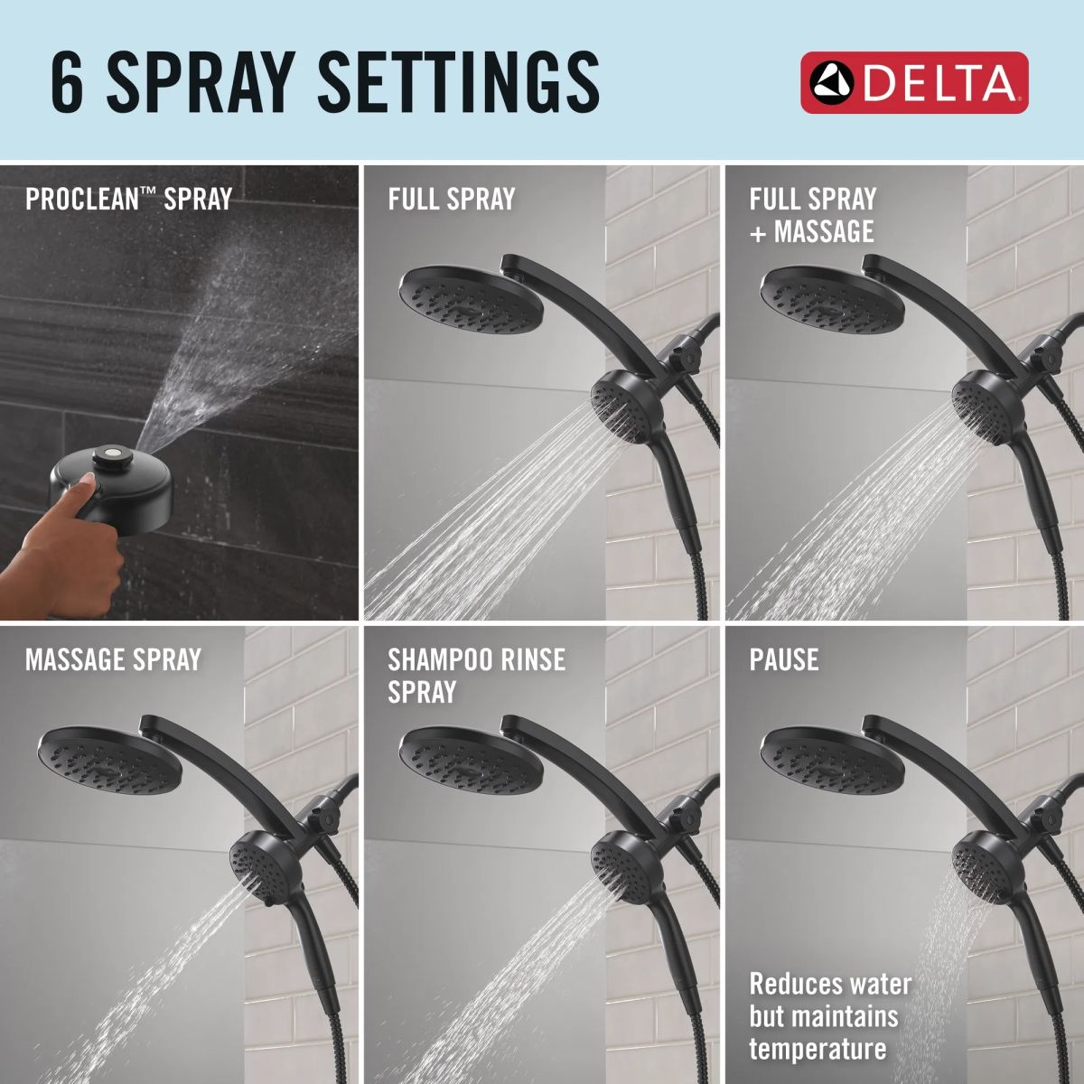 DELTA Universal Showering Components PivotPro 3-in-1 Combination Shower with TouchClean Spray Face — Matte Black