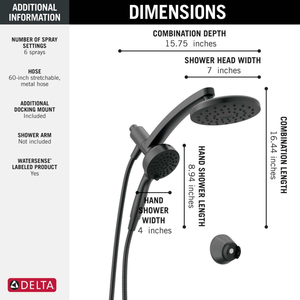 DELTA Universal Showering Components PivotPro 3-in-1 Combination Shower with TouchClean Spray Face — Matte Black