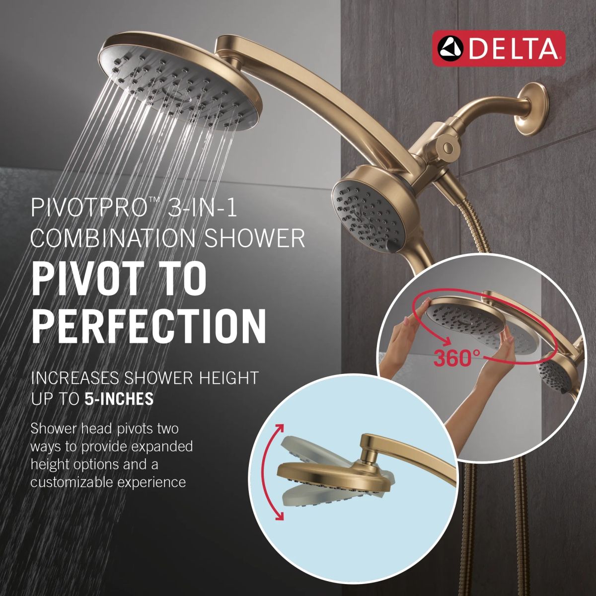 DELTA Universal Showering Components PivotPro 3-in-1 Combination Shower with TouchClean Spray Face — Champagne Bronze