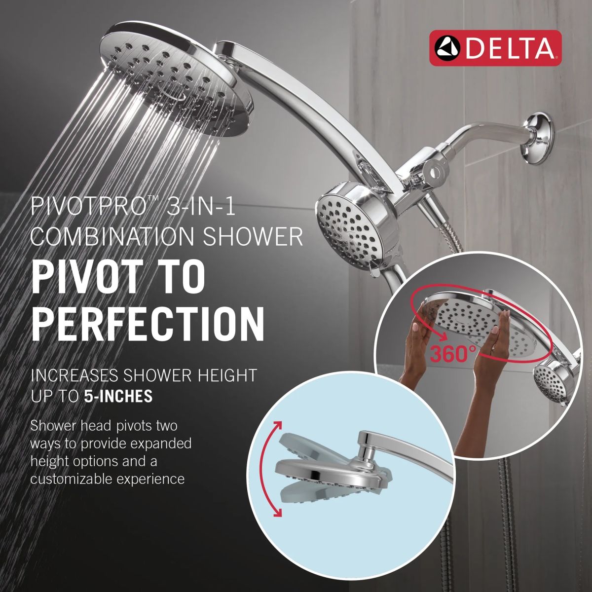 DELTA Universal Showering Components PivotPro 3-in-1 Combination Shower — Chrome
