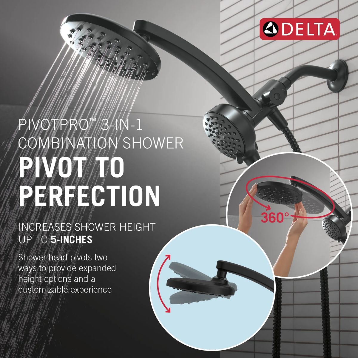 DELTA Universal Showering Components PivotPro 3-in-1 Combination Shower — Matte Black