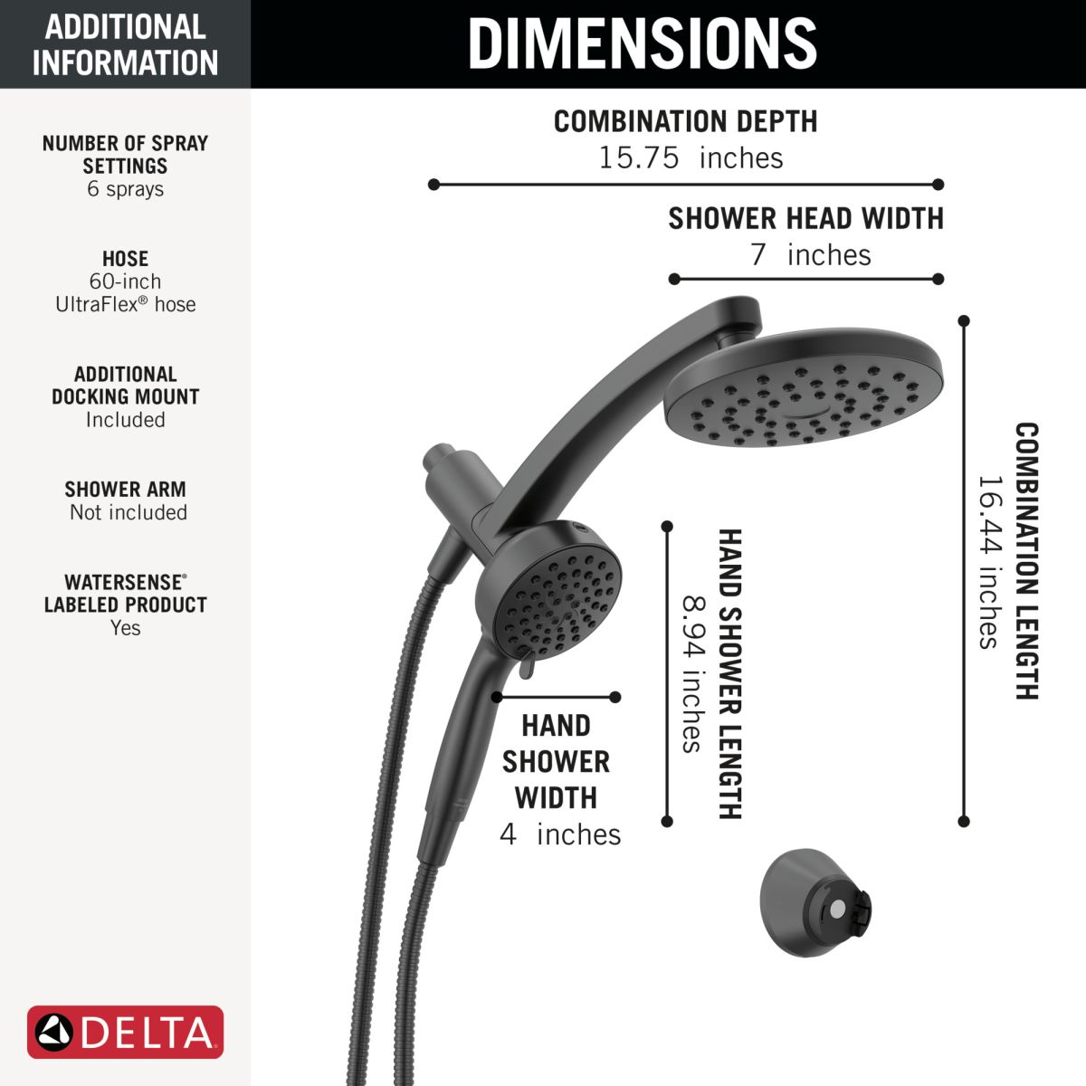 DELTA Universal Showering Components PivotPro 3-in-1 Combination Shower — Matte Black