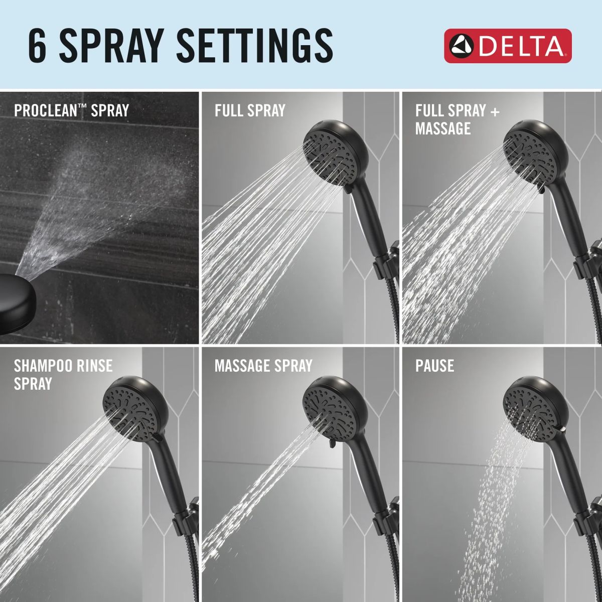 DELTA Universal Showering Components 6-Setting Hand Shower with Cleaning Spray — Matte Black