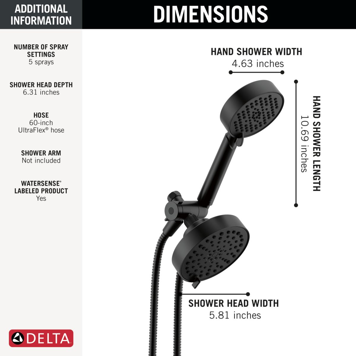 DELTA Universal Showering Components 5-Setting Two-in-One Combination Shower with Additional Mount — Matte Black