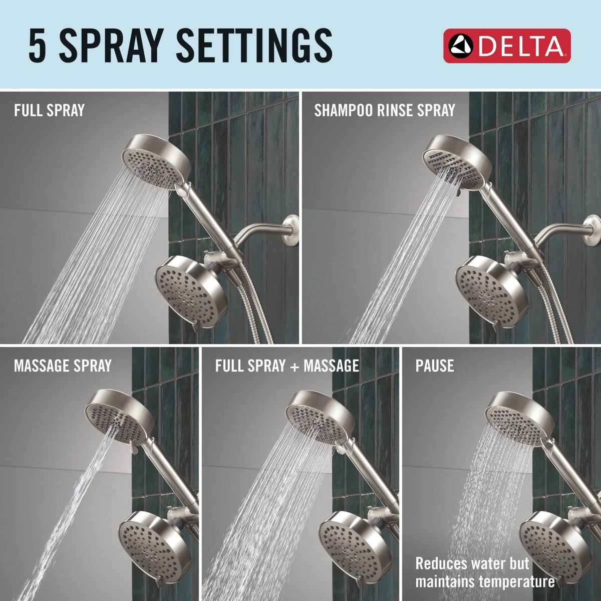 DELTA Universal Showering Components 5-Setting Two-in-One Combination Shower with Additional Mount — Stainless