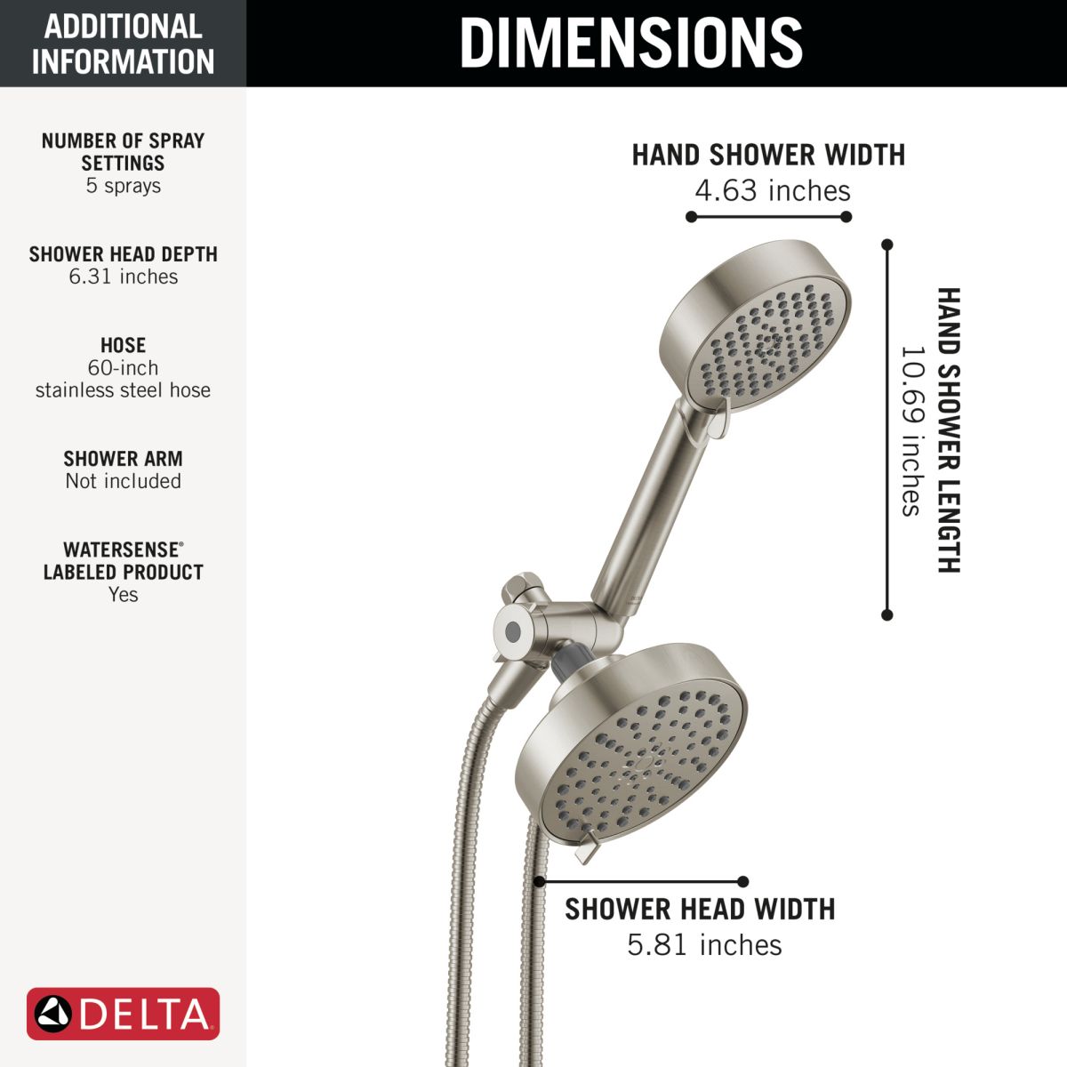 DELTA Universal Showering Components 5-Setting Two-in-One Combination Shower with Additional Mount — Stainless