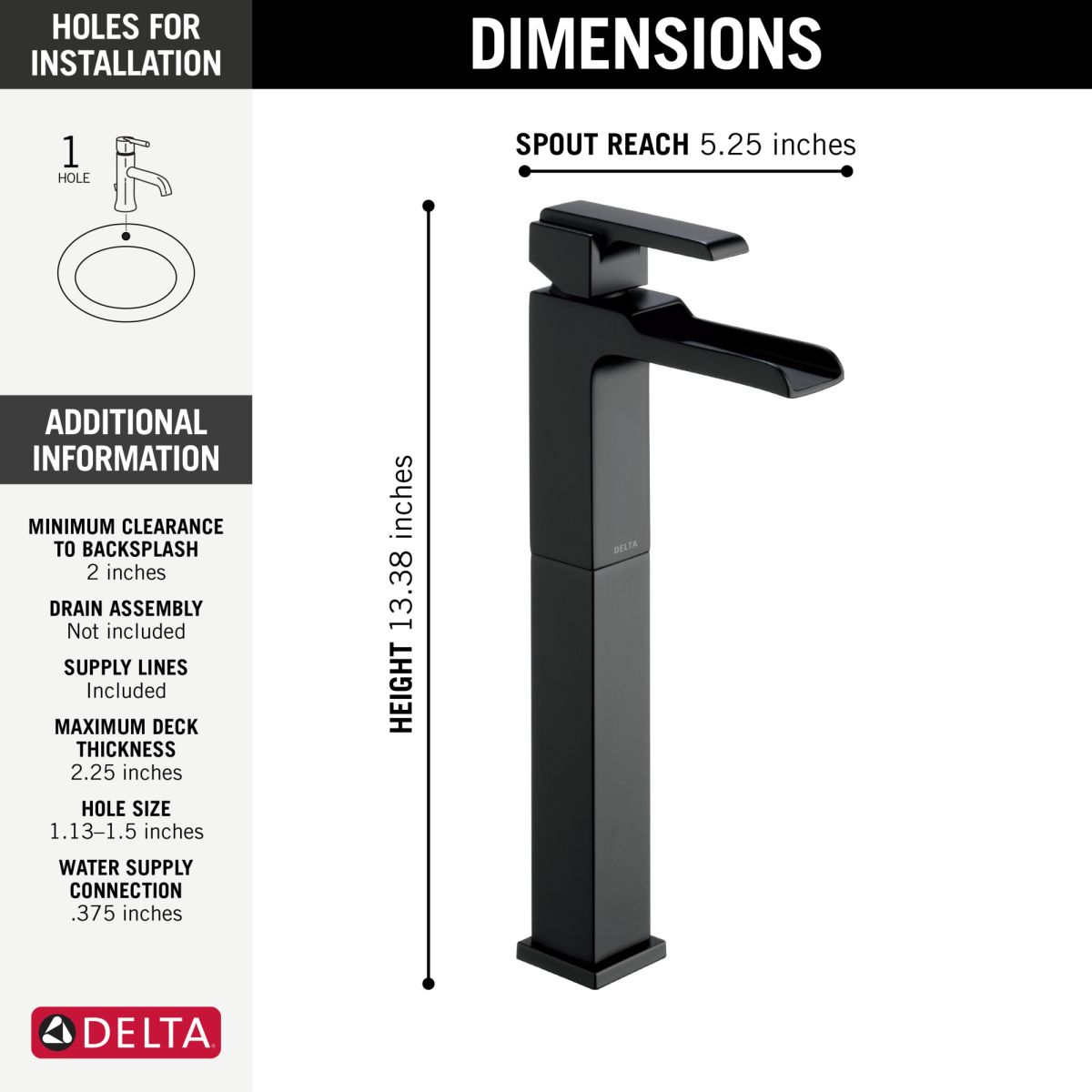 DELTA Ara Single Handle Vessel Channel Bathroom Faucet — Matte Black