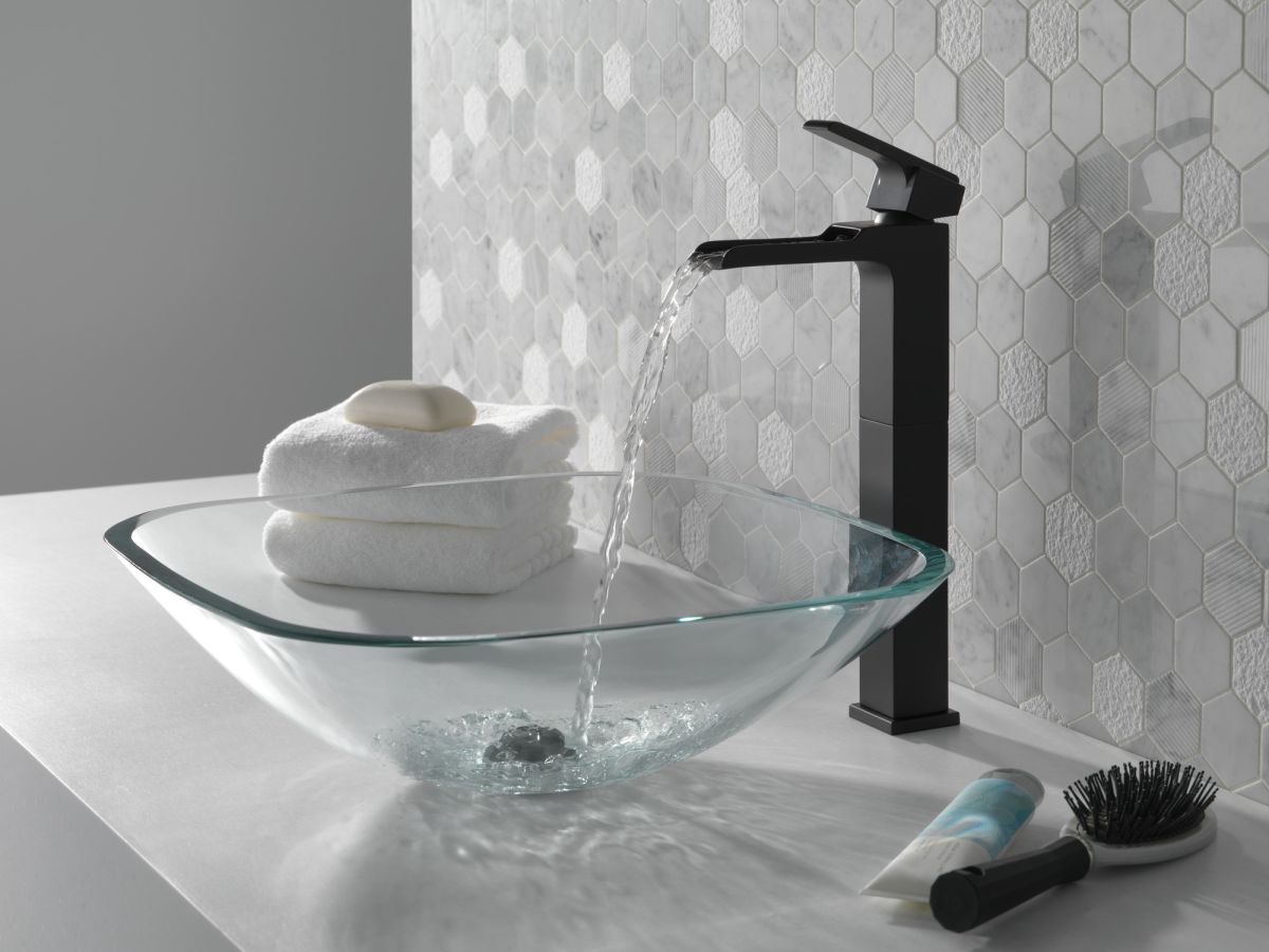 DELTA Ara Single Handle Vessel Channel Bathroom Faucet — Matte Black