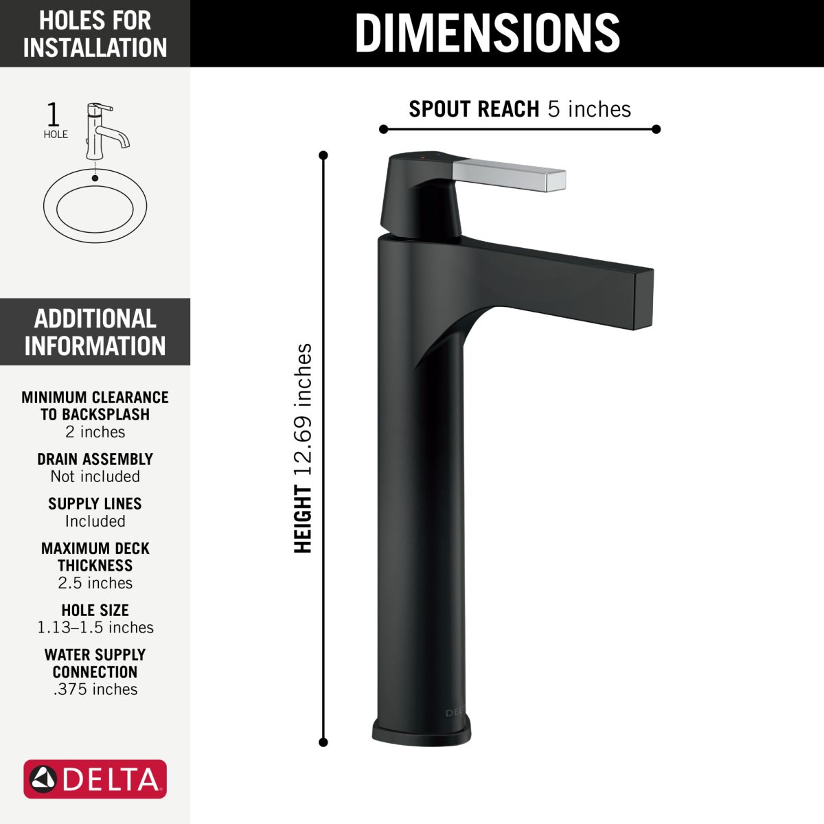 DELTA Zura Single Handle Vessel Bathroom Faucet — Chrome / Matte Black