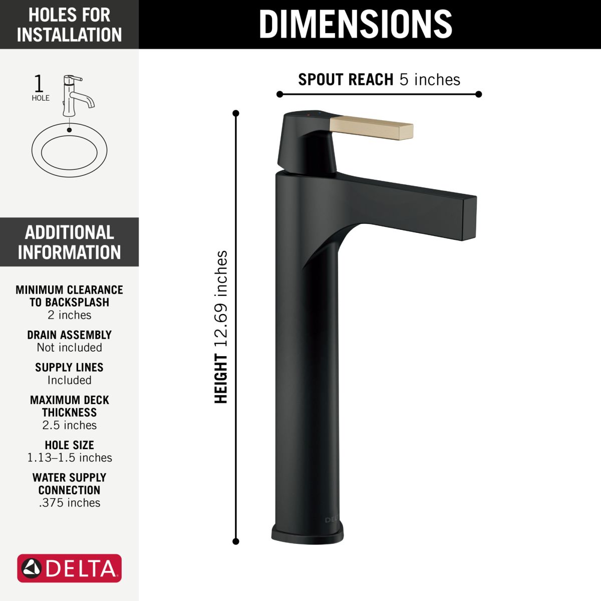 DELTA Zura Single Handle Vessel Bathroom Faucet — Matte Black / Champagne Bronze
