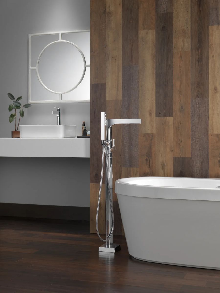 DELTA Zura Single Handle Floor Mount Tub Filler Trim with Hand Shower — Chrome