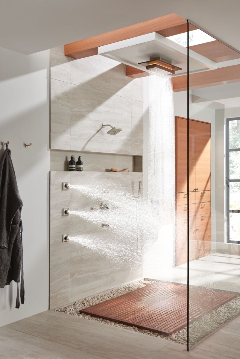 BRIZO Frank Lloyd Wright 21” Single-Function Raincan Shower Head with Integrated Lighting - 1.75 GPM — Luxe Nickel / Teak Wood
