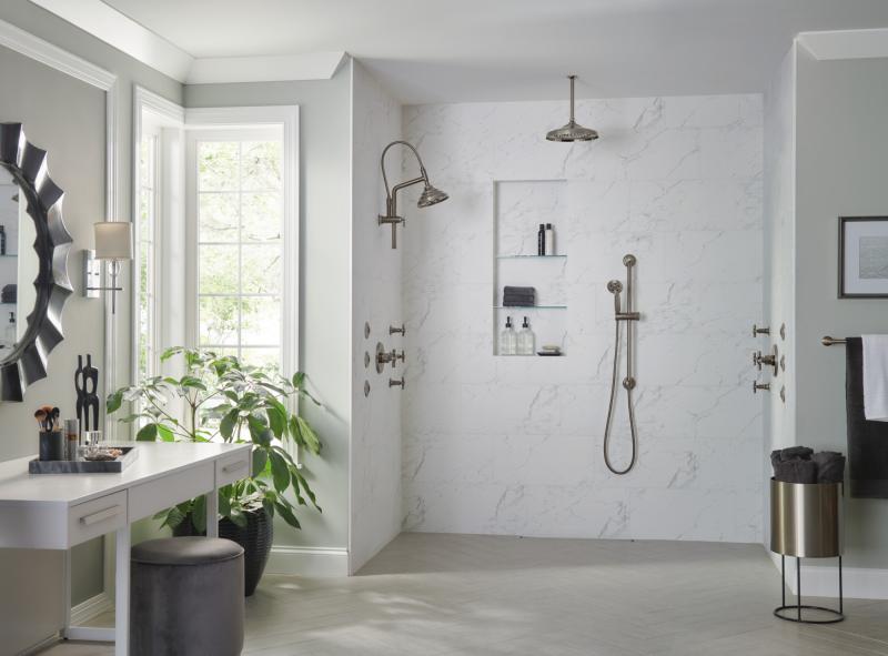BRIZO Essential Shower 10 7/16" Classic Slide Bar Shower Arm And Flange — Luxe Steel