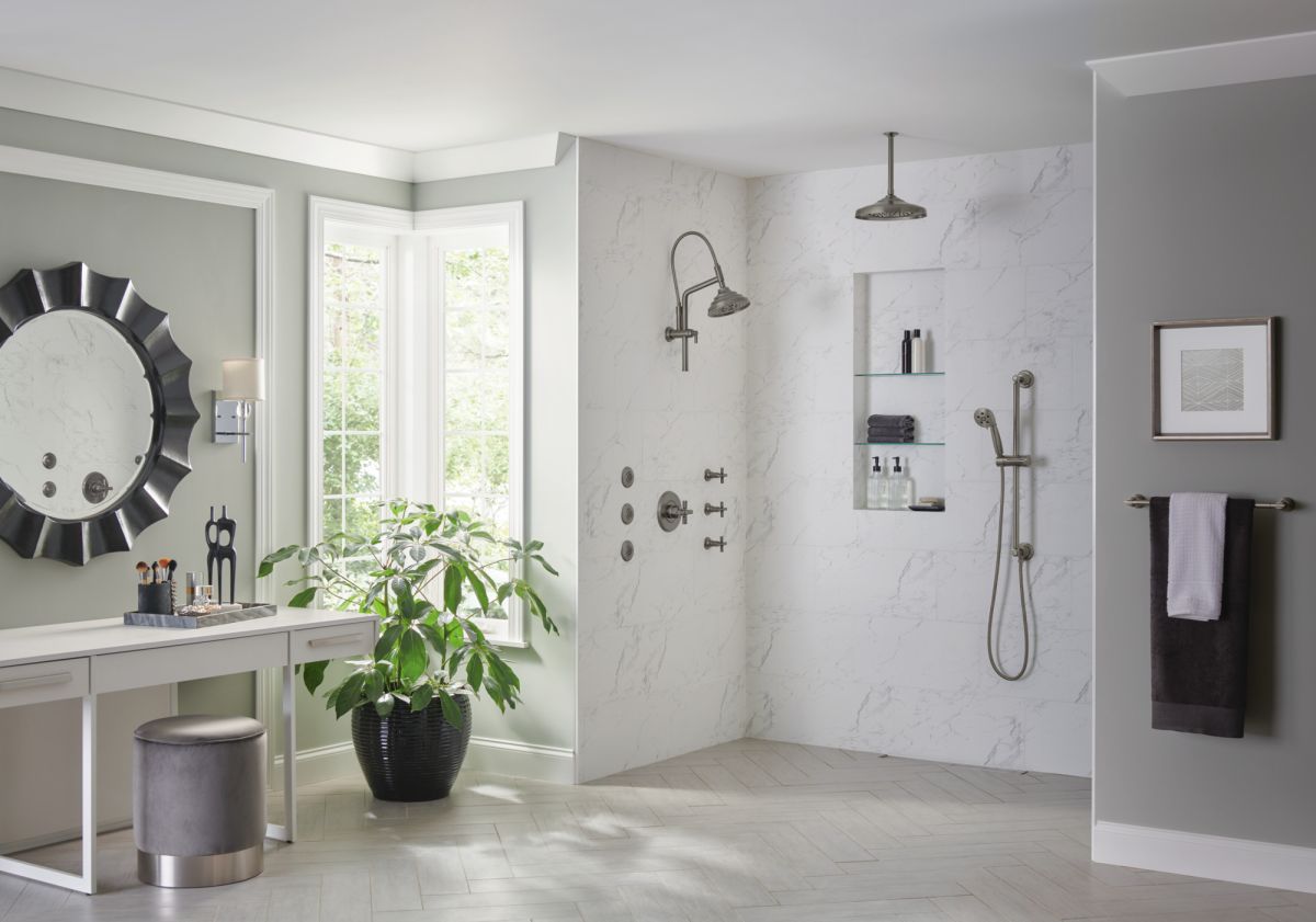 BRIZO Essential Shower 10" Ceiling Mount Shower Arm And Round Flange — Luxe Steel